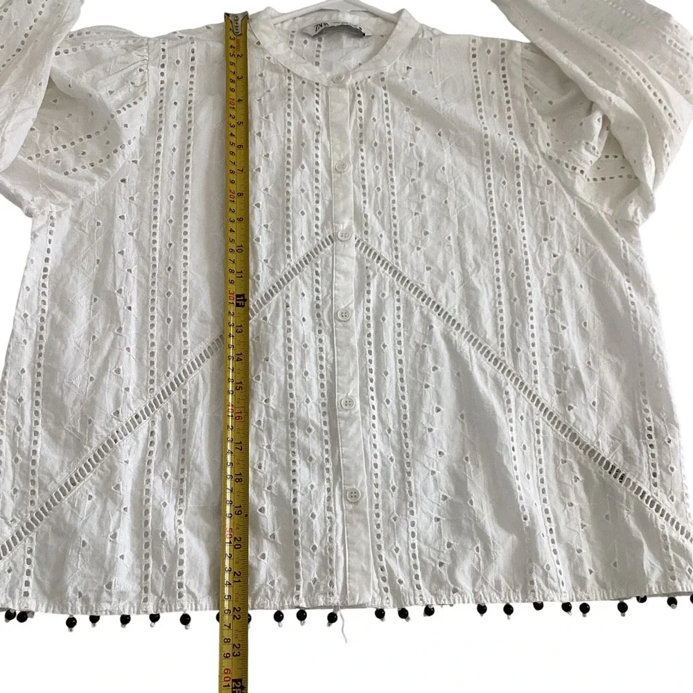 ZARA White Eyelet Embroidered Button Up Long Sleeve Blouse with Pom Poms Size Lg